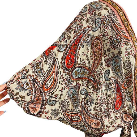 Boho Paisley Print Front Tie Beach Cover Up Top - Picture 3 of 12